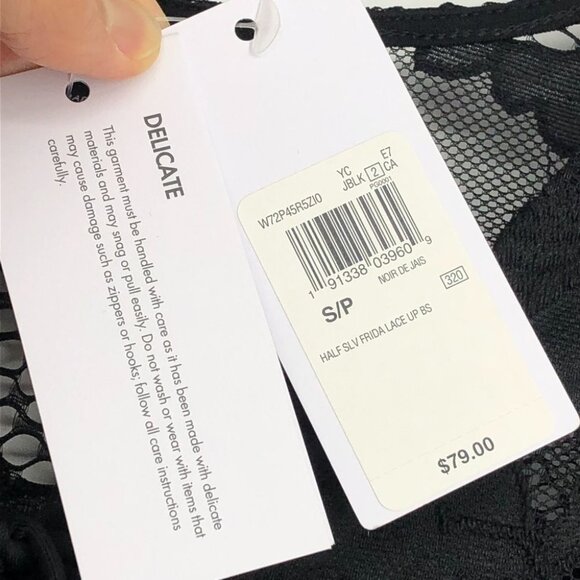 NWT Guess Black Lace Up Sheer Floral Lace Corset Bodysuit Mesh 1/4 Sleeve size S - Picture 11 of 16